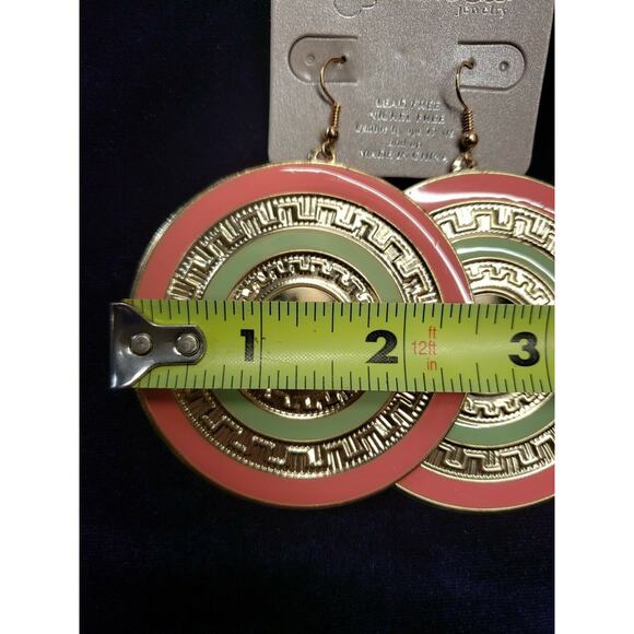 Rainbow Brand BOHO Style Earrings, Very Large, Gold Tone, Pink & Green, NWT - Picture 7 of 7